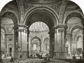 Pyhän Paavalin katedraalin laivan sisäpuoli itään katsoen, kuten se olisi ollut Wrenin ensimmäisen suunnittelun jälkeen, pastori Richard Lovettin teoksesta "London Pictures: Drawn with Pen and Pencil", julkaistu vuonna 1890 (